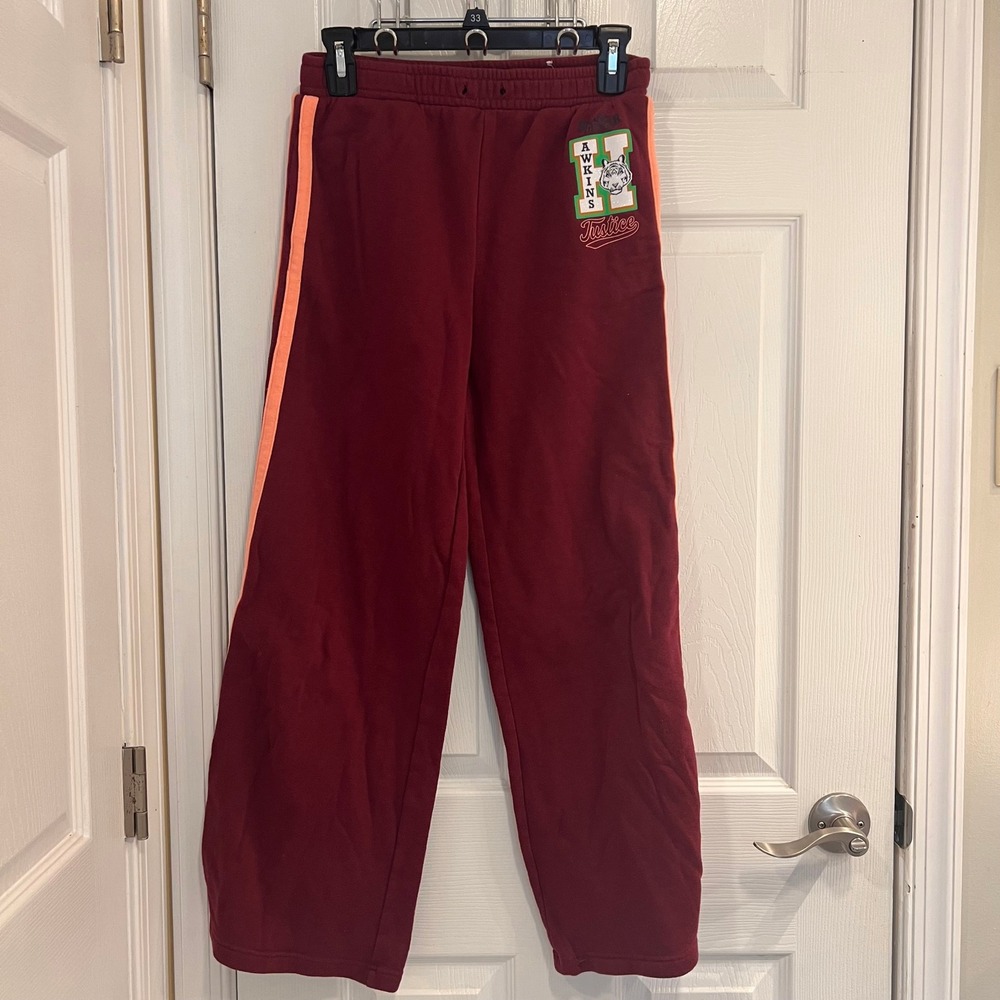 Justice Stranger Things Hawkins High Wide Leg Sweatpants Burgundy‎ Girls L 12/14